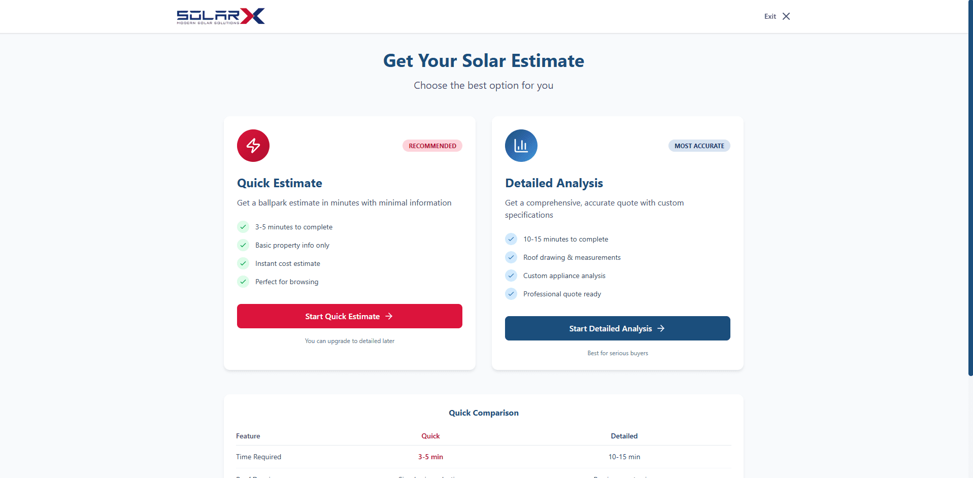 Choose your estimate path - Quick or Detailed mode selector